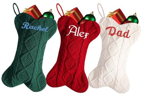 Lustige Weihnachtsstrümpfe mit gesticktem Namen, bestickter Name, bestickter Familienstrumpf aus Knochen, 41,5 cm, 6 Stück
