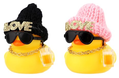 Fukaisu 2 Uds Patitos Goma Novedosos, Patos Goma Geniales con Gorro Punto Gafas Sol Collar y Jarra de Cerveza Bonito Accesorio Decorativo Coche para Parejas Amigos y Familiares