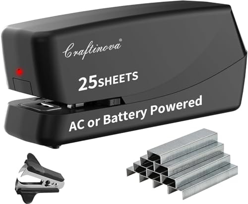 Grapadora eléctrica de escritorio Craftinova, engrapadoras automáticas sin atascos, capacidad para 25 hojas, con 1 removedor de grapas, 2000 grapas, recarga fácil, alimentada por CA o batería, buena