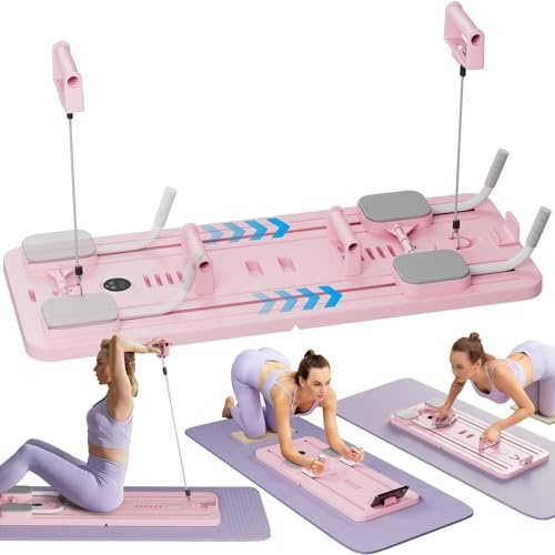 Tabla de pilates plegable con rueda abdominal, sistema de entrenamiento 2 en 1 para entrenamiento de fitness en casa, equipo de ejercicio rosa