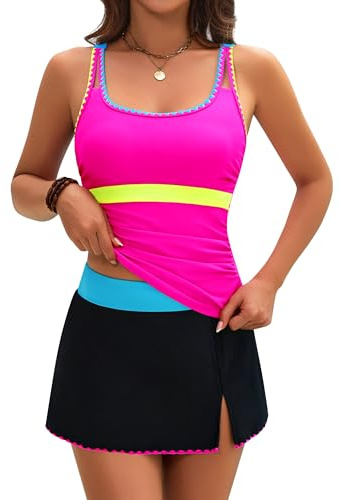 BMJL Women's Tankini Swimsuits Tummy Control Two Piece Bathing Suit Modest Swim Skirt Color Block Swim Suits 2026 (Large, Hot Pink)
