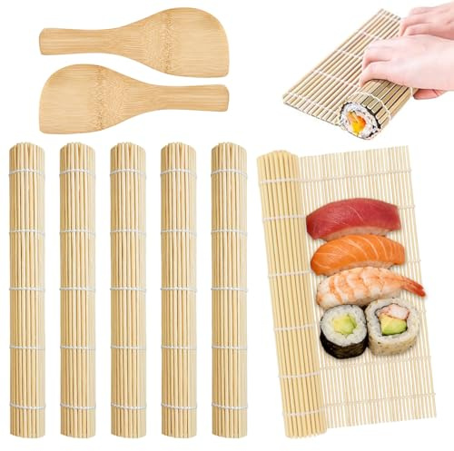 ZXBBTZ 6 Pezzi Tappetino per Sushi in Bambù Naturale 24x23cm con 2 Cucchiaio da Riso Stuoia per Sushi Lavabile e Riutilizzabile Strumenti per la Preparazione del Sushi per Principianti Casa Ristorante