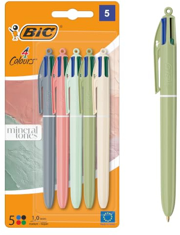 BIC 4 Couleurs Minéral - Stylos-Bille Pointe Moyenne (1,00 mm) - Couleurs de Corps Assorties, Pack de 5