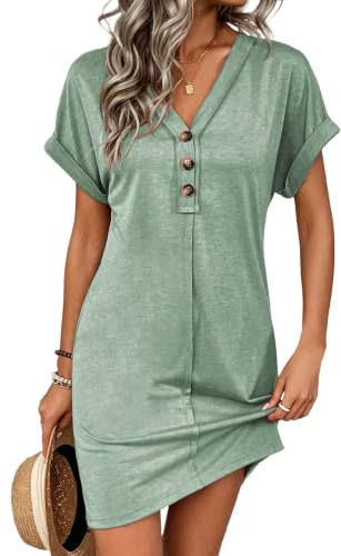 Dam V-ringad T-shirtklänning Casual Kortärmad Mini Sundress Blågrön Liten