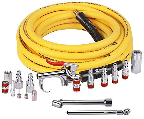 WYNNsky 18pc Air Compressor Acc Kit, 3/8 x 25 ft Hybrid Hose with 1/4 NPT M Threads, Quick Connect Fittings, Air Blow Gun Kit, Chuck, Tire Gauge