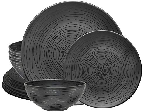 Bzyoo 12 Piece Melamine Dinnerware Set - Durable, Dishwasher Safe Organica Black Plates and Bowls Sets Casual Dish Set for Dining, Outdoor and Kitchen