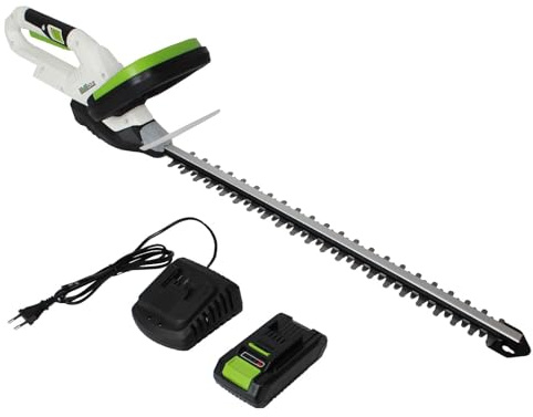 TRUTZHOLM Akku Heckenschere 20V/2,0Ah mit Akku und Schnellladegerät, 52cm Schnittlänge, 65mm Schnittbreite, 10mm Aststärke, drehbarer Griff 180°, Messeranstoßschutz, 40min Laufzeit, 2,5kg leicht