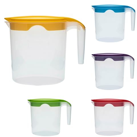 Jarra de plástico de 1 litro con tapa para zumo de agua de leche y más (amarillo, 1)