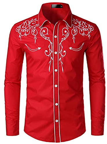 NW Snygg western, cowboyskjorta, broderad, smal passform, vardaglig, långärmad skjorta för män. bröllopsfest, skjorta, Röd, XL