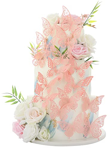 36 Pack Pink Glitter 3D Butterfly Cupcake Toppers Hollow Butterfly Cake Decorations for Birthday Wedding Fairy Party Butterfly Wall Sticker Decal for Background Wall Decoration