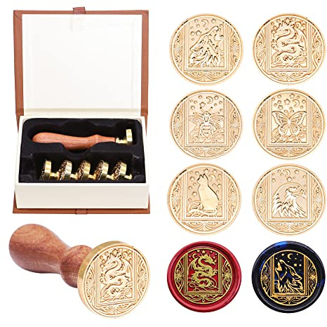 SWANGSA Wax Seal Stamp Set, Vintage 6 Pieces Sealing Wax Stamp Heads and 1 Wooden Handle for Wedding Party Invitations, Letters, Envelopes, Christmas (Starry Animals Set)