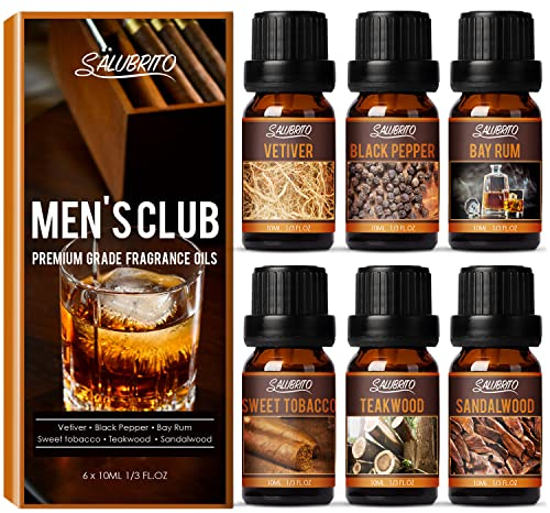 SALUBRITO Essential Oils Gift Set for Men, Natural Essential Oils for Diffusers for Home, Premium Fragrance Oils Set - Sandalwood, Teakwood, Sweet Tobacco, Bay Rum, Black Pepper, Vetiver