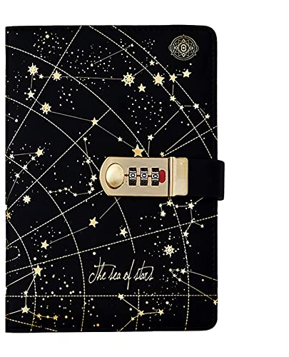 MYSUNBAR A5 PU Leder Wieder Auffüllbar Sternenmuster Zahlenschloss Tagebuch, Draht Bindung Tagebuch mit Schloss, Password Tagebuch Sketch Organizer mit Codiertes Schloss