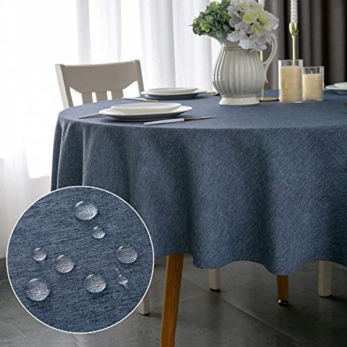 Yeahshion Runde Tischdecke Fleckabweisend Blau Φ120cm, wasserdichte Tischdecke Polyester-Leinen-Optik für Tisch, Esszimmer, Restaurant Schutz (Blau, Φ120cm)