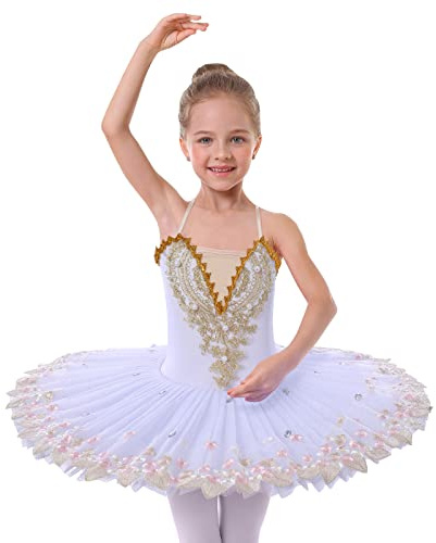 IBTOM CASTLE Fille sans Manches Robe Ballet Brodée de Plumes Justaucorps Gymnastique Patinage Ballet Tutu Costume de Danse Enfant Ballerina Blanc 11-12 Ans