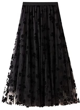 seiveini Jupe Longue Tulle Femme Jupe Tutu Bouffante Vintage Jupe Plissée en Tulle Élégante Jupe en Dentelle Mousseline Taille Trapèze Jupe Femme Longue Taille Elastique A Noir XL