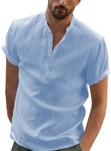 YAOBAOLE Camisa de Lino para Hombre de Manga Corta con Cuello Mao de Verano, Estilo Casual Henley, T-Shirt, azul celeste, L