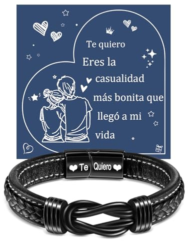 YELUWA Regalos San Valentin, Regalos Originales para Hombre, Te Quiero Pulsera de los Hombres Ilimitado Nudo Grabado de Acero Trenzado Pulsera Cuero Para El Novio Marido Amigo Día Navidad Cumpleaños
