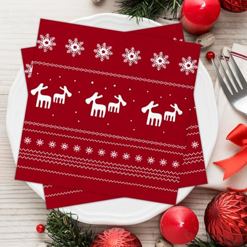 Weihnachten Servietten Rot, 80Stück Weihnachtsservietten mit Rentier Schneeflocken Motiv, Weihnachtliche Tischdeko,Winter Paper Napkins, 3-lagig Einweg Papierservietten für Dinnerpartys Weihnachten