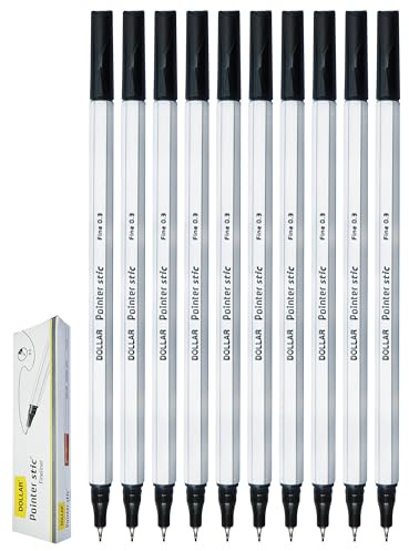 DOLLAR PointerStic Fineliner Pens, BLACK, Fine Point (0.3mm), Pack of 10, Precise Write Draw Sketch Colour, Ideal for Artists Architects Technical Drawing