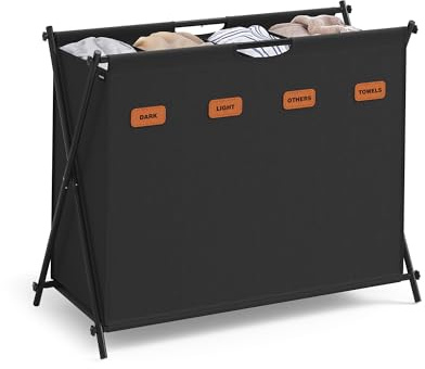 SONGMICS Panier à linge, 41 gallons, 4 sections, pliable en X | STEVIE Collection ULCB140B01 Panier à linge avec étiquettes personnalisables, buanderie, chambre à coucher, encre noire