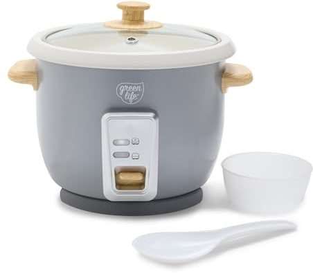 GreenLife Rice Cooker with Removable PFAS-Free Ceramic Nonstick Pot, 3-Cups Uncooked/6-Cups Cooked, Grains & Oatmeal Multicooker, Compact One-Switch Design, Auto Keep Warm, Easy Clean, Gray