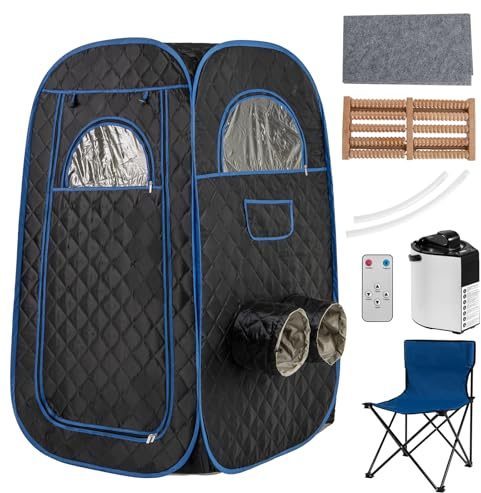 RELAX4LIFE Sauna à Vapeur Portable, Tente Sauna Portable Vapeur 3L, Température 9 Niveaux, Cadre INOX, Chaise Pliable, Trous pour Pieds, Fenêtres Zippées, Porte Enroulable, Sauna Portable, Noir