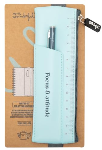 Mr. Wonderful - Ensemble d'écriture bleu - Focus & attitude - Petite trousse à crayons en PU - Avec un élastique à l'arrière, multicolore, Set d'écriture