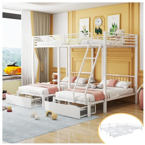 Wyibwy Litera triple con cajones, convertible en cama doble de 140 x 200 cm y dos camas individuales de 90 x 200 cm, cama multifuncional con estructura de metal, color blanco
