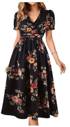 GORGLITTER Women's Floral A Line Flared Flowy Midi Dress Wrap V Neck Puff Short Sleeve Elegant Vacation Dresses Black X-Large