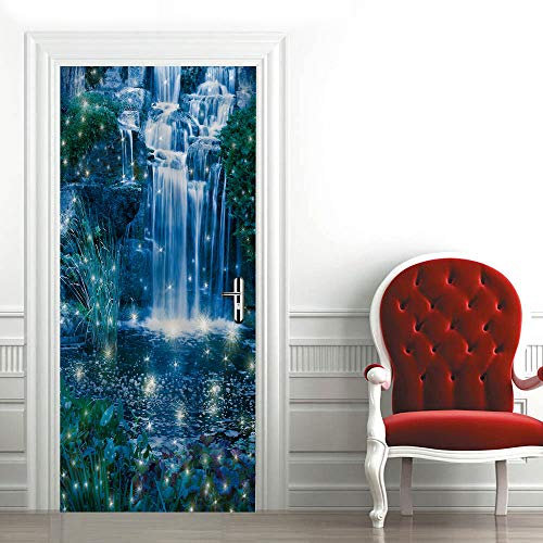 Tür bekleben mit Türtapete Selbstklebend Blaue Wasserfall-Landschaft Tür verschönern mit Türfolie Türaufkleber Türbilder Türposter Türklebefolie B90 x H200cm