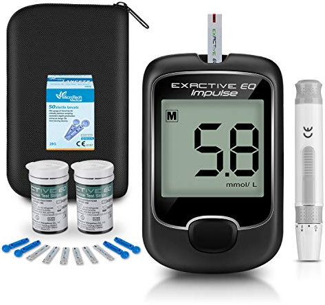 Medidor de glucosa en sangre, kit de prueba de glucosa en sangre con tiras de prueba de glucosa en sangre x 50 y dispositivo de punción por Exactive EQ Impulse - mg/dL