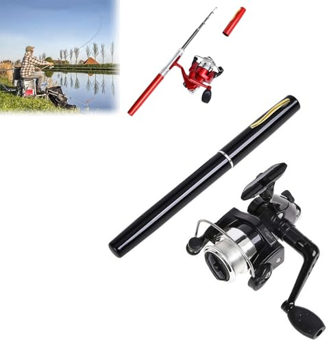 Ensemble de canne à pêche télescopique, moulinet de pêche pliable de poche, mini stylo, kit de canne à pêche en eau salée et eau douce (noir)