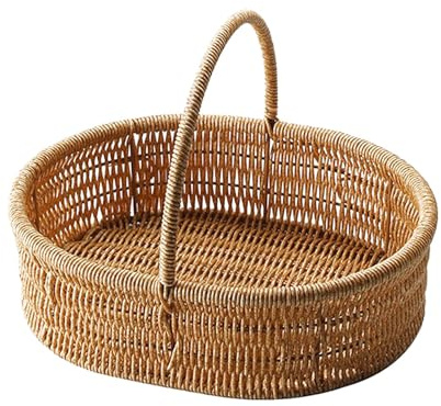 Hand-Woven Fruit Basket, Pantry Organizer Wicker Baskets, Imitation Rattan Bread Basket, Food Serving Tray With Handle For Bread, Fruit, Vegetable Storage- Storage Bowl Decorative Display