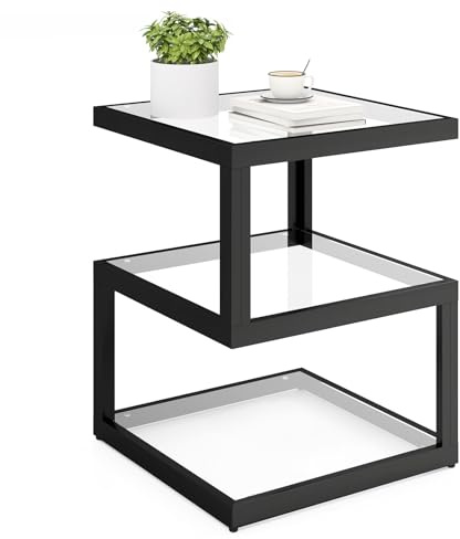 Permory S-Shaped 3-Tier Glass Side Table with LED Strip, Modern Black End Table for Living Room & Bedroom (Square)