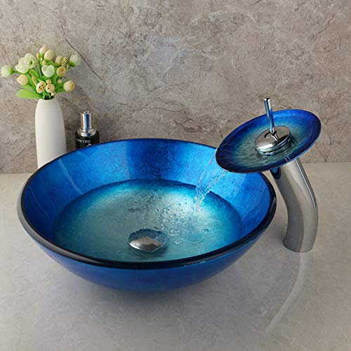 Rundes Glaswaschbecken mit Wasserhahn und Wasserabtropfer, Set für Arbeitsplatte, modernes Waschbecken