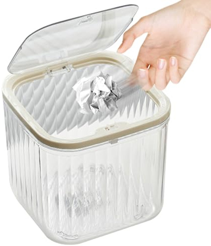 dzqad Poubelle de Bureau,Poubelle De Bureau Avec Couvercle À Poussoir - Poubelle Économiseuse D’Espace Pour Salle De Bain Et Chambre, Conteneur Transparent Pour Brosses À Maquillage, Coton-Tiges Et