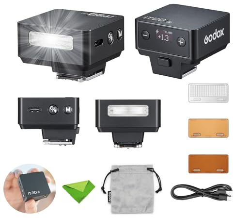 Godox iT20 S iT20-S TTL-Blitz für Sony, 700-fach-Blitzleistung, 1,5 s Blitzzeit, eingebauter Lithium-Akku, Mini-Blitzgerät mit Farbfiltern (Schwarz)