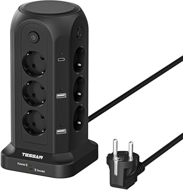 TESSAN Regletas Enchufes con Interruptores Individuales, 18 en 1 Torre Enchufes Vertical con 6 USB(2 USB C), 12 Tomas Multiples, Regleta Proteccion Sobretension, Alargador Enchufe 2 Metros para Hogar