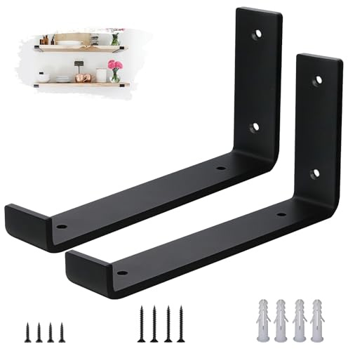 VTOPVMAX Regalhalterungen Schwerlastwinkel 2 Stück - 5 mm Starke Stahl Metall Regalträger mit Lippen, Industrielle Rustikale Schwarz Wand Regal Halterungen Kit 22.5 cm