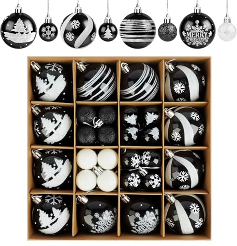 ilauke 44 Stück Weihnachtskugeln Schwarz Weiß, Weihnachtskugeln Kunststoff | Weihnachtskugeln Kunststoff mit Aufhängen, Christbaumkugeln Plastik Weihnachtsbaum Kugeln für Weihnachtsdeko Party