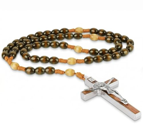 Kingyuan Classic Wooden Rosary Beads for Catholic Men and Women - Perfect Catholic Gift and Cross for Car with 3 Large Size Metal St. Benedict Medal Cross & Exquisite Packaging Box(1PCS/2PCS)