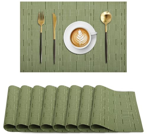 Komforbaa Set Copripiatti Rettangolari 8 Pezzi, Copripiatto in PVC, Resistente al Calore per Decorazione di Tavolo Cucina, Set di Tavolo, Lavabile Antiscivolo Verde