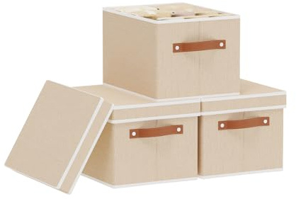 YheenLf 3 Stück Aufbewahrungsbox,Aufbewahrungskorb,Beige,26×20×17cm | Aufbewahrungsboxen mit Deckel, Stoffbox mit Griff für Kleidung, Schrank Organizer Kleiderschrank, Kleiderbox