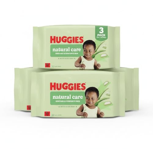 Huggies Natural Care Plastic Free Baby Wipes, 99% Pure Water Sensitive Wet Wipes for Newborn Skin, Fragrance Free Biodegradable Wipes with Aloe & Vitamin E, Pack of 3 (144 Wipes Total) Value Bundle