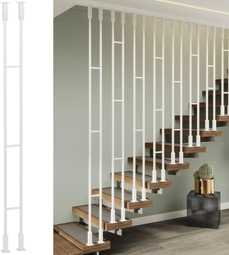 Moderne ringhiere – Elegante sistema di ringhiera per scale con balaustre in metallo e colonne quadrate per uso interno/attico, include montaggio a soffitto/pavimento i pali bianchi (1 pezzo, altezza