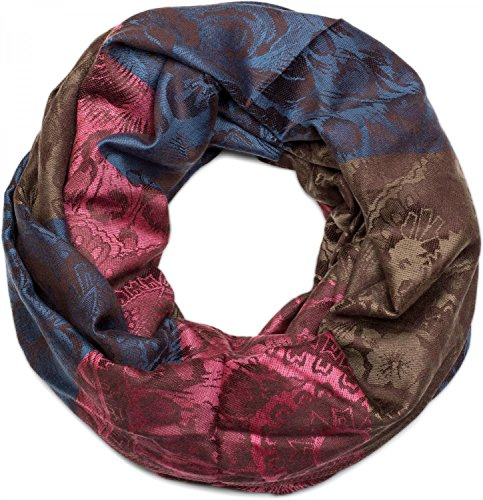 styleBREAKER Écharpe tube snood avec motif à fleurs, hibiscus et Paisley, matière douce et chaude, foulard, femmes 01018058, couleur:Bleu-Marron-Rose