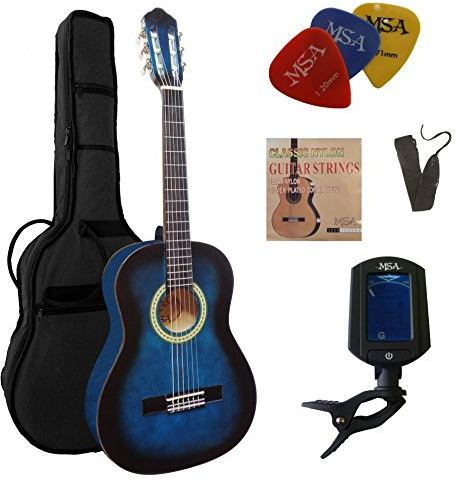 3/4 C9 Konzertgitarre Set - blau schattiert - Lindenholz Deckel - Tasche - Gurt - Saiten - 3 Plektren - Stimmgerät ET33B