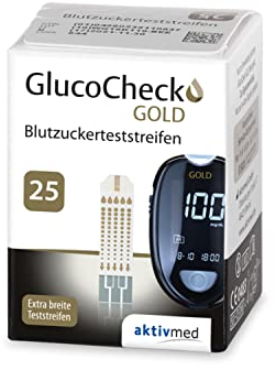 GlucoCheck GOLD - 25 Blutzuckerteststreifen zur Kontrolle des Blutzucker-Wertes - Kompatibel mit GlucoCheck GOLD Blutzuckermessgerät