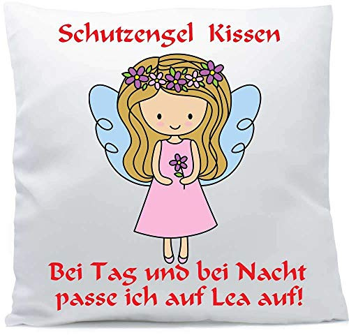 Kissen mit Namen Wunschtext Schutzengel Mädchen blonde Haare 40x40 cm inkl. Füllung Kuschelkissen, Kissen Farbe:Vorderseite weiß/RS rosa